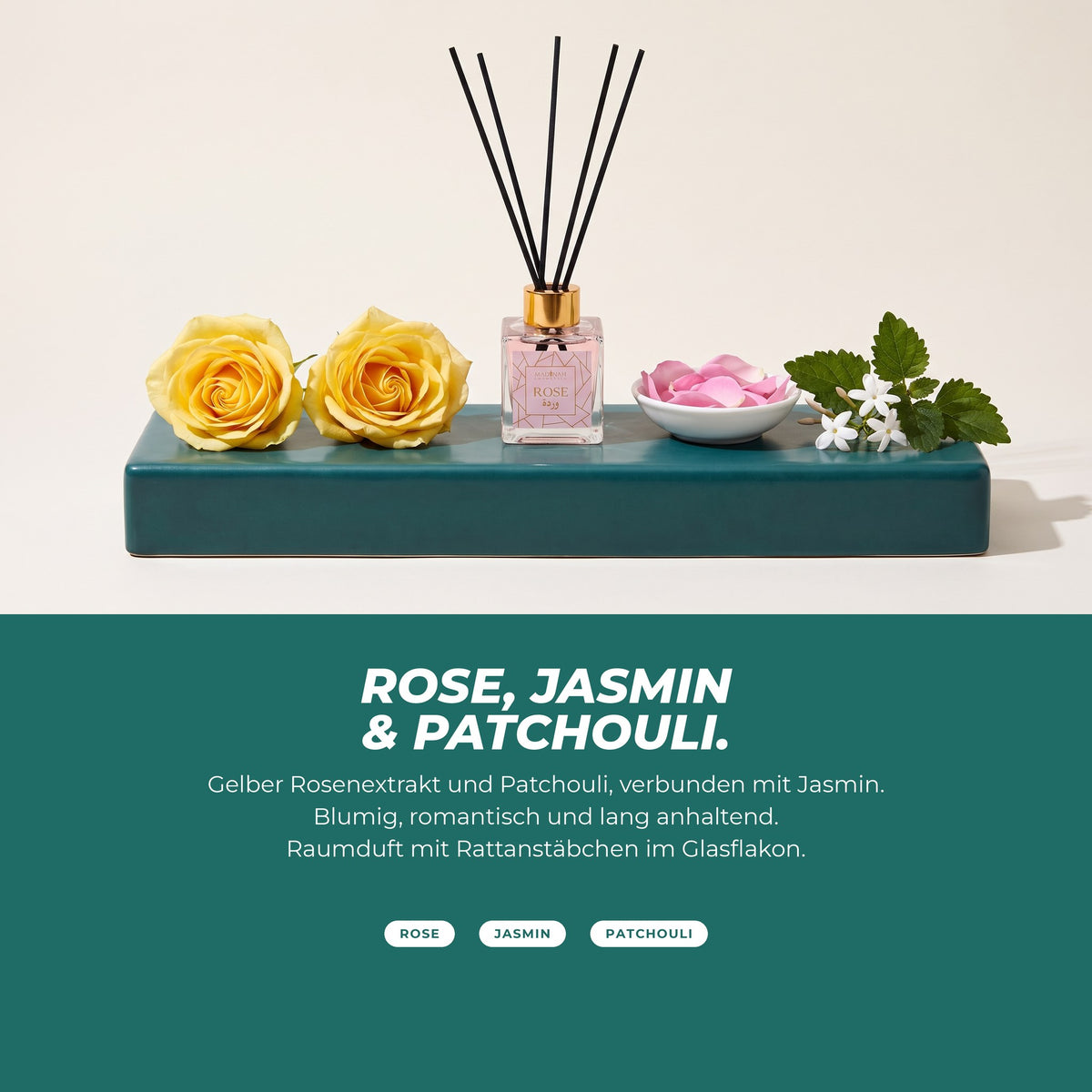 Die Duftnoten: Duftstäbchen mit gelben Rosen, Rosenblättern, Jasmin und Patchouli
