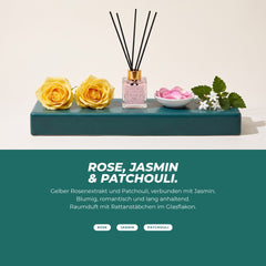 Die Duftnoten: Duftstäbchen mit gelben Rosen, Rosenblättern, Jasmin und Patchouli