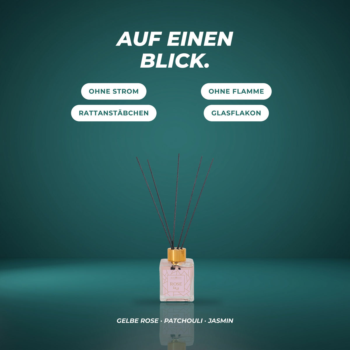 Auf einen Blick: ohne Strom, ohne Flamme, mit Rattanstäbchen im Glasflakon – Gelbe Rose · Patchouli · Jasmin
