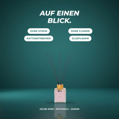 Auf einen Blick: ohne Strom, ohne Flamme, mit Rattanstäbchen im Glasflakon – Gelbe Rose · Patchouli · Jasmin