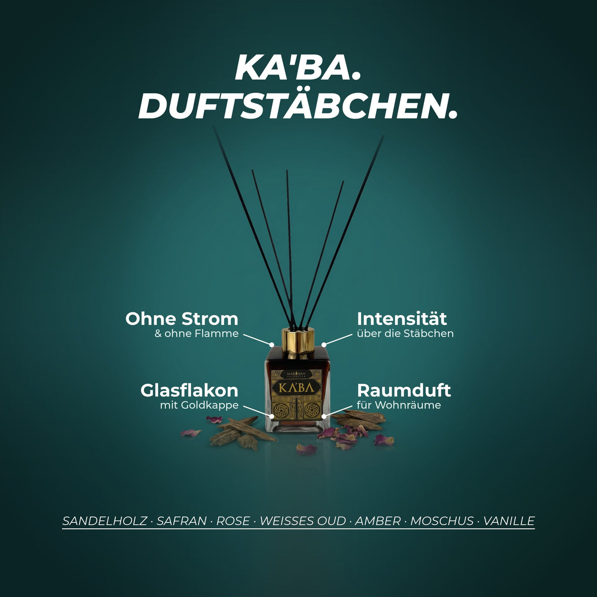 Duftstäbchen Ka'ba: ohne Strom und ohne Flamme, Intensität über die Anzahl der Stäbchen, Glasflakon mit Goldkappe – Duftnoten: Sandelholz · Safran · Rose · weißes Oud · Amber · Moschus · Vanille