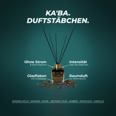 Duftstäbchen Ka'ba: ohne Strom und ohne Flamme, Intensität über die Anzahl der Stäbchen, Glasflakon mit Goldkappe – Duftnoten: Sandelholz · Safran · Rose · weißes Oud · Amber · Moschus · Vanille