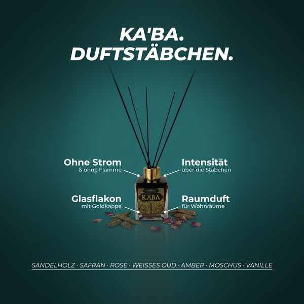 Duftstäbchen Ka'ba: ohne Strom und ohne Flamme, Intensität über die Anzahl der Stäbchen, Glasflakon mit Goldkappe – Duftnoten: Sandelholz · Safran · Rose · weißes Oud · Amber · Moschus · Vanille