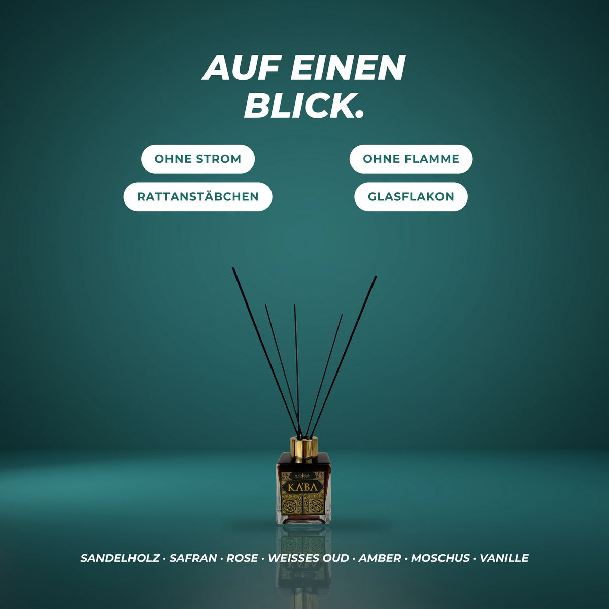 Auf einen Blick: ohne Strom, ohne Flamme, mit Rattanstäbchen im Glasflakon – Sandelholz · Safran · Rose · weißes Oud · Amber · Moschus · Vanille