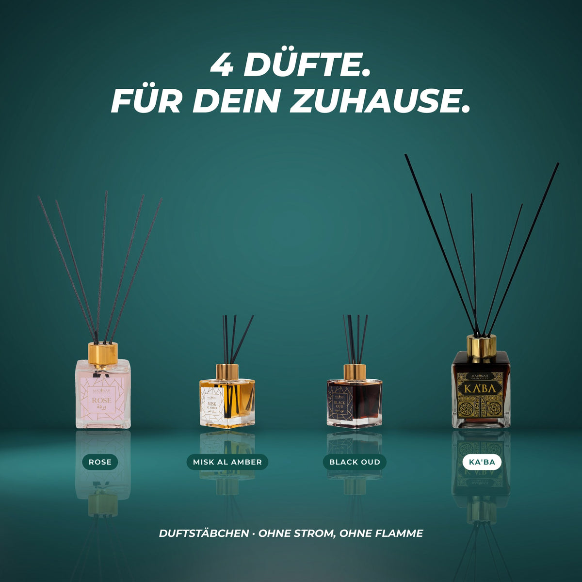 Alle vier Duftstäbchen: Rose, Misk Al Amber, Black Oud und Ka'ba