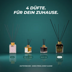 Alle vier Duftstäbchen: Rose, Misk Al Amber, Black Oud und Ka'ba