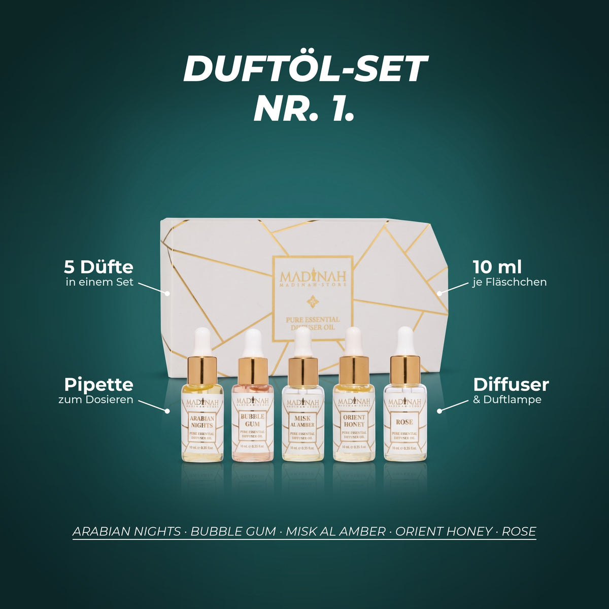 Duftöl-Set NR. 1: fünf Düfte zu je 10 ml mit Pipette für Diffuser und Duftlampe – Arabian Nights, Bubble Gum, Misk Al Amber, Orient Honey, Rose