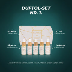 Duftöl-Set NR. 1: fünf Düfte zu je 10 ml mit Pipette für Diffuser und Duftlampe – Arabian Nights, Bubble Gum, Misk Al Amber, Orient Honey, Rose