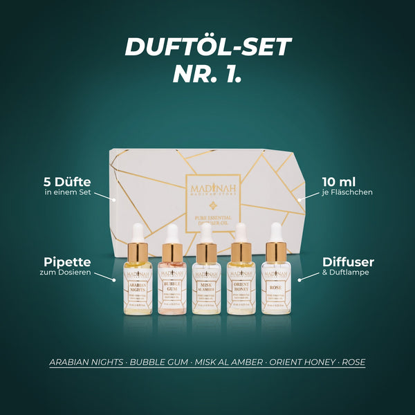 Duftöl-Set NR. 1: fünf Düfte zu je 10 ml mit Pipette für Diffuser und Duftlampe – Arabian Nights, Bubble Gum, Misk Al Amber, Orient Honey, Rose