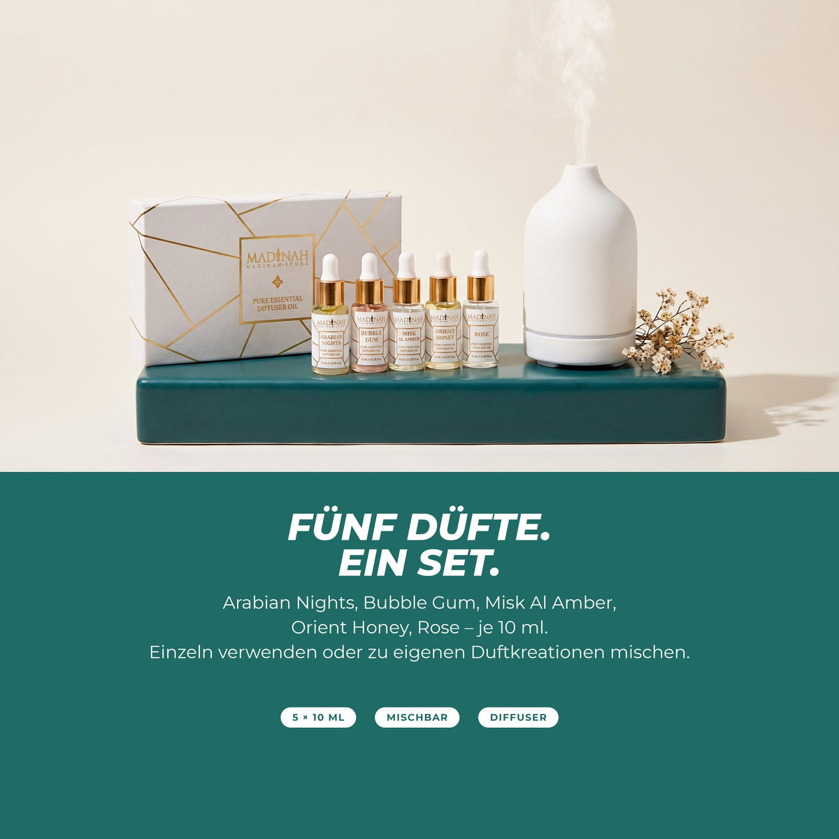 Fünf Düfte, ein Set: Geschenkbox mit fünf Fläschchen neben einem Aroma-Diffuser