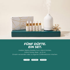 Fünf Düfte, ein Set: Geschenkbox mit fünf Fläschchen neben einem Aroma-Diffuser