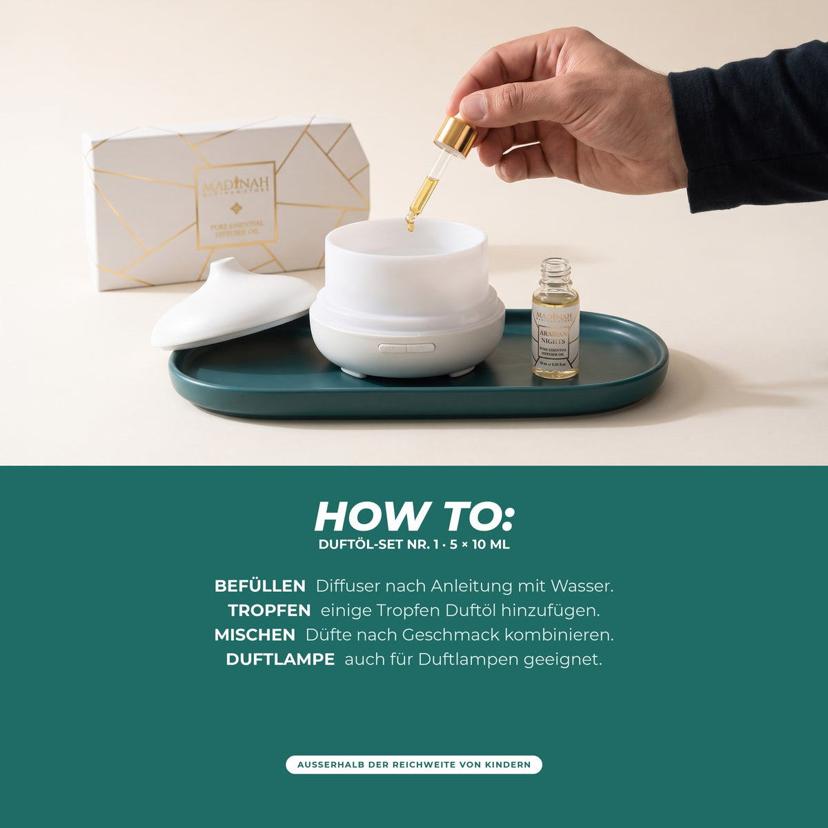 How to: Diffuser mit Wasser befüllen, einige Tropfen Duftöl hinzufügen, Düfte nach Geschmack kombinieren