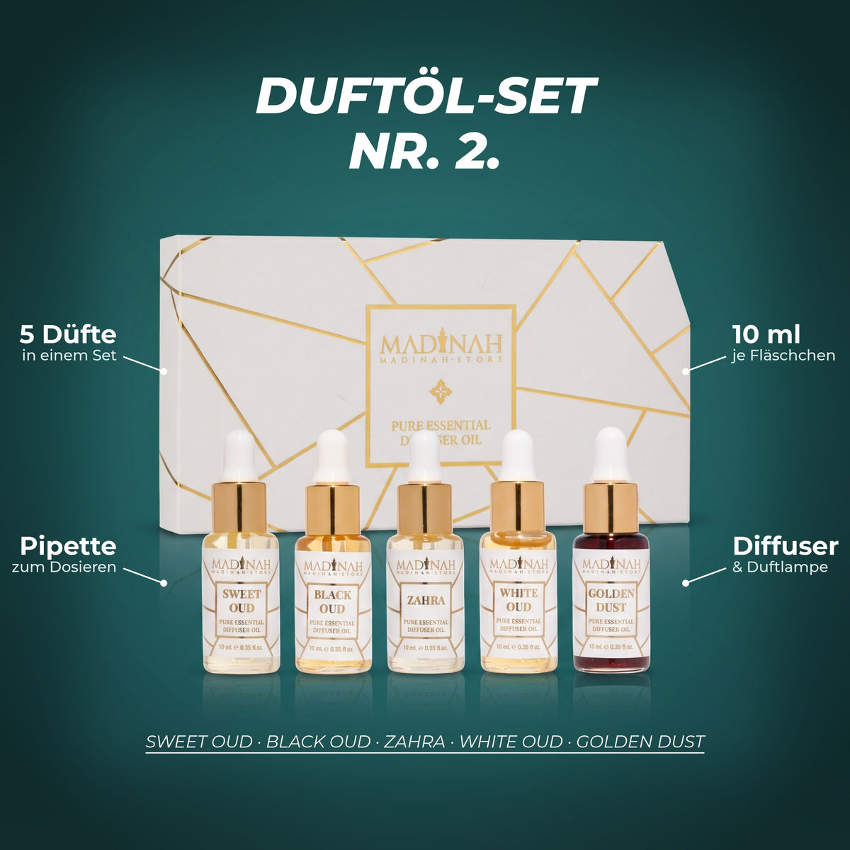 Duftöl-Set NR. 2: fünf Düfte zu je 10 ml mit Pipette für Diffuser und Duftlampe – Sweet Oud, Black Oud, Zahra, White Oud, Golden Dust