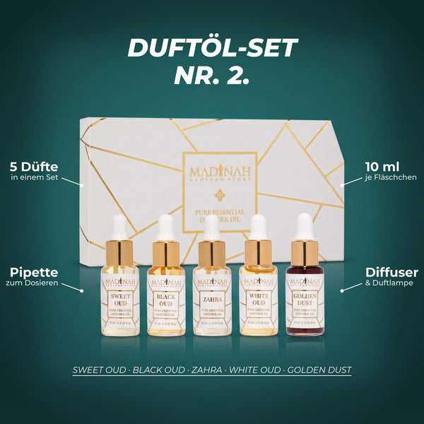 Duftöl-Set NR. 2: fünf Düfte zu je 10 ml mit Pipette für Diffuser und Duftlampe – Sweet Oud, Black Oud, Zahra, White Oud, Golden Dust