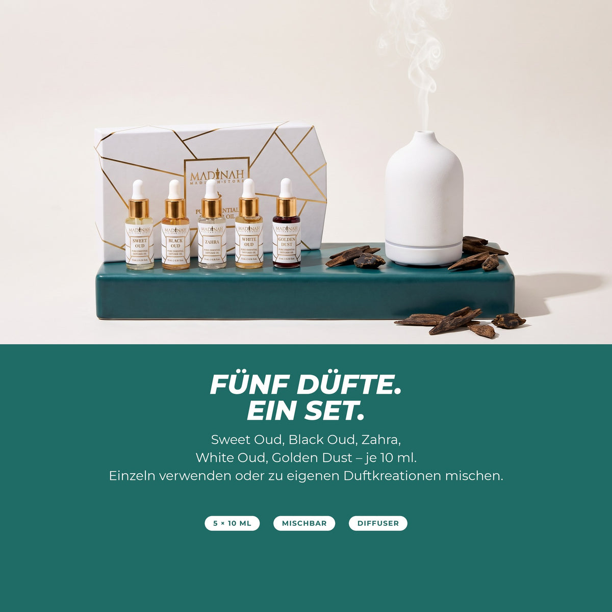 Fünf Düfte, ein Set: Geschenkbox mit fünf Fläschchen neben einem Aroma-Diffuser