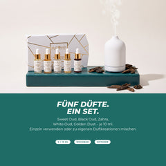Fünf Düfte, ein Set: Geschenkbox mit fünf Fläschchen neben einem Aroma-Diffuser