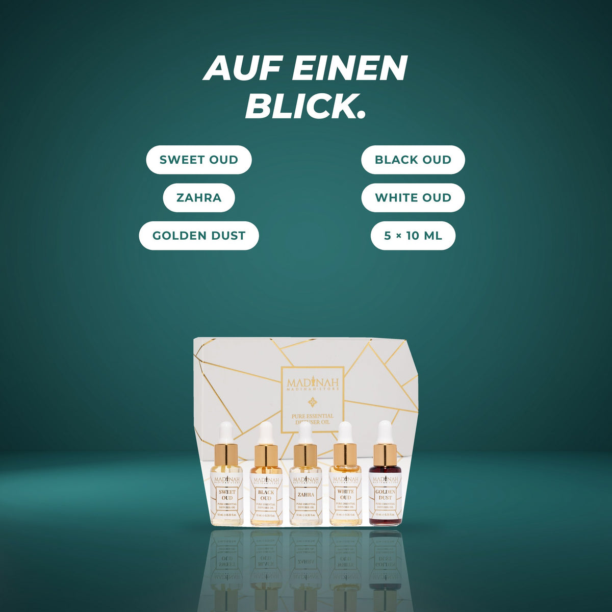 Auf einen Blick: Sweet Oud, Black Oud, Zahra, White Oud, Golden Dust – 5 × 10 ml