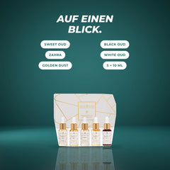 Auf einen Blick: Sweet Oud, Black Oud, Zahra, White Oud, Golden Dust – 5 × 10 ml
