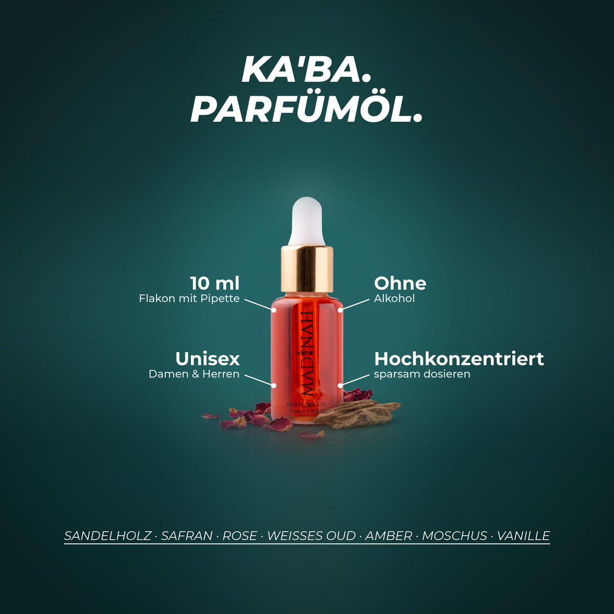 Ka'ba Parfümöl: 10 ml im Flakon mit Pipette, ohne Alkohol, unisex, hochkonzentriert – Duftnoten: Sandelholz · Safran · Rose · weißes Oud · Amber · Moschus · Vanille