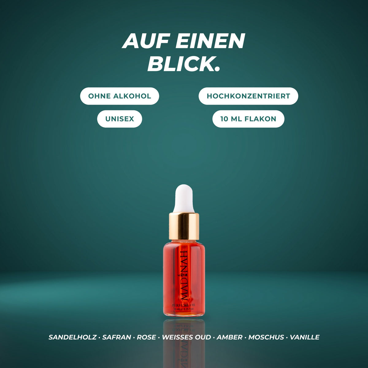 Auf einen Blick: ohne Alkohol, hochkonzentriert, unisex, 10-ml-Flakon – Sandelholz · Safran · Rose · weißes Oud · Amber · Moschus · Vanille