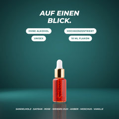 Auf einen Blick: ohne Alkohol, hochkonzentriert, unisex, 10-ml-Flakon – Sandelholz · Safran · Rose · weißes Oud · Amber · Moschus · Vanille