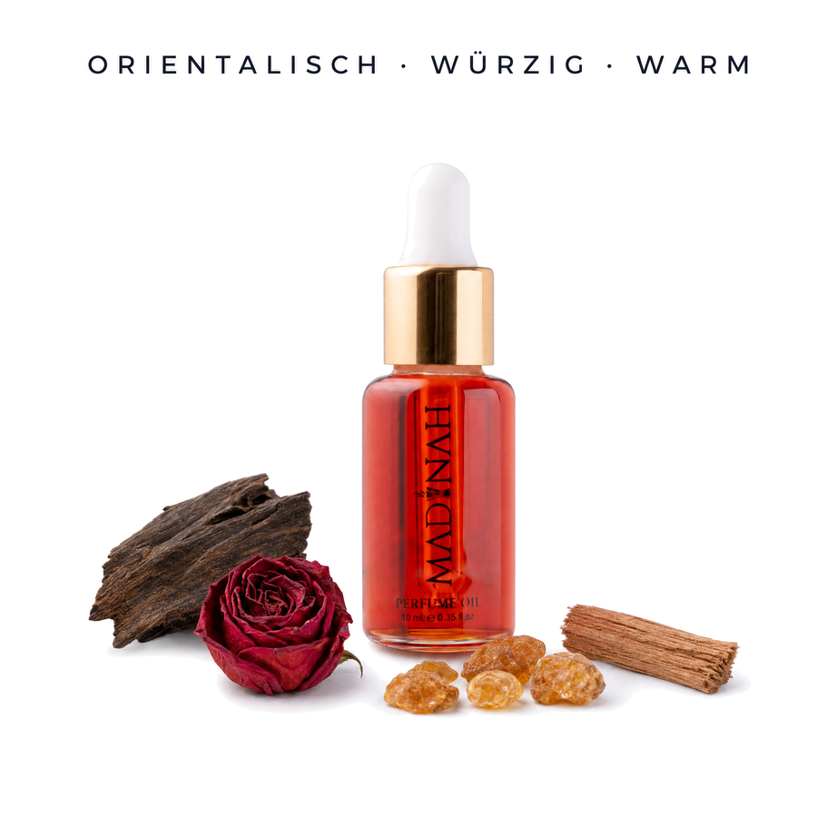 Ka'ba Parfümöl Flakon mit Oud-Holz, getrockneter Rose, Amberharz und Sandelholz: orientalisch, würzig, warm