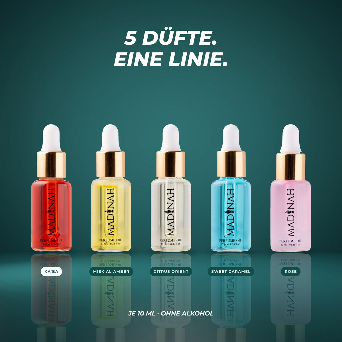 Alle fünf Parfümöle der Linie: Ka'ba, Misk Al Amber, Citrus Orient, Sweet Caramel und Rose – je 10 ml, ohne Alkohol