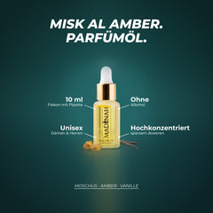 Misk Al Amber Parfümöl: 10 ml im Flakon mit Pipette, ohne Alkohol, unisex, hochkonzentriert – Duftnoten: Moschus · Amber · Vanille