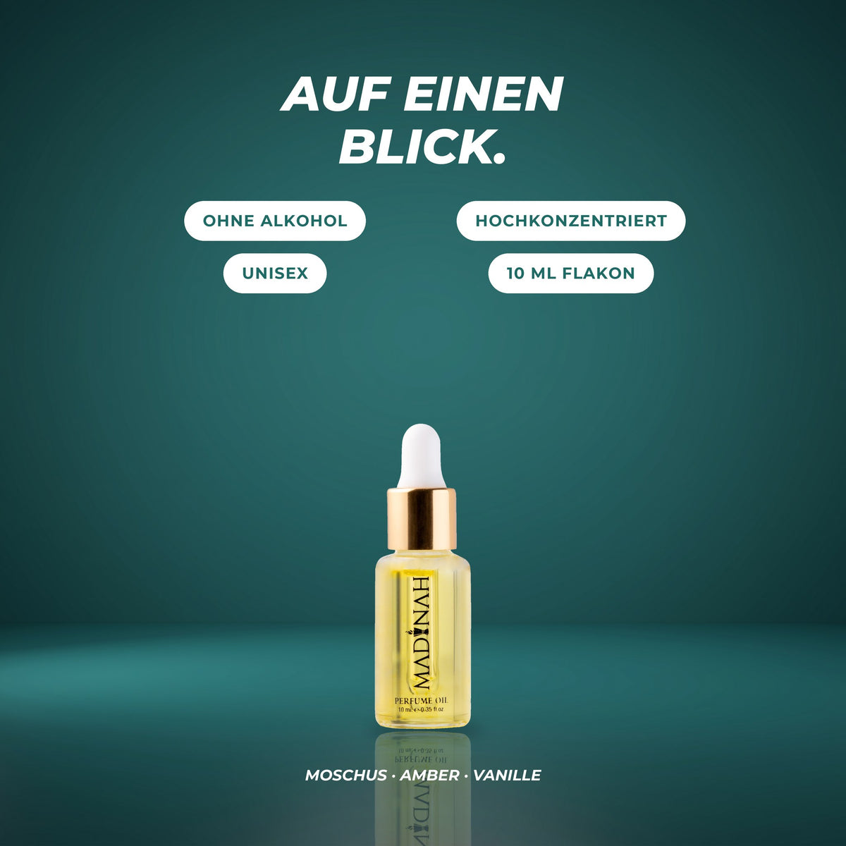 Auf einen Blick: ohne Alkohol, hochkonzentriert, unisex, 10-ml-Flakon – Moschus · Amber · Vanille