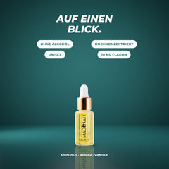 Auf einen Blick: ohne Alkohol, hochkonzentriert, unisex, 10-ml-Flakon – Moschus · Amber · Vanille