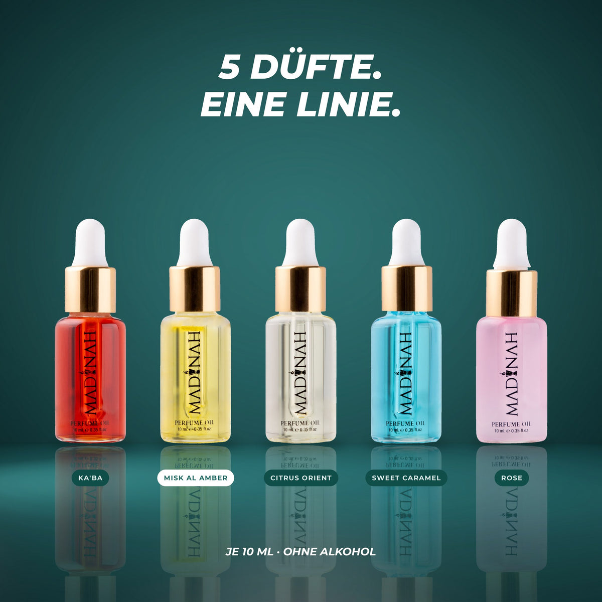 Alle fünf Parfümöle der Linie: Ka'ba, Misk Al Amber, Citrus Orient, Sweet Caramel und Rose – je 10 ml, ohne Alkohol