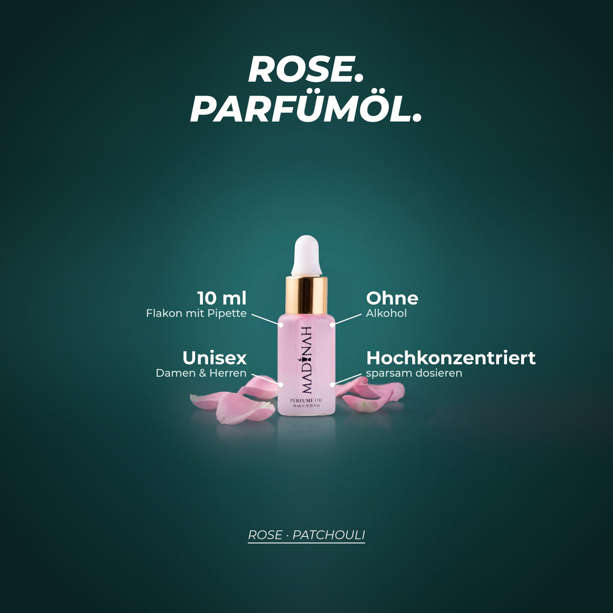 Rose Parfümöl: 10 ml im Flakon mit Pipette, ohne Alkohol, unisex, hochkonzentriert – Duftnoten: Rose · Patchouli