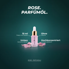 Rose Parfümöl: 10 ml im Flakon mit Pipette, ohne Alkohol, unisex, hochkonzentriert – Duftnoten: Rose · Patchouli