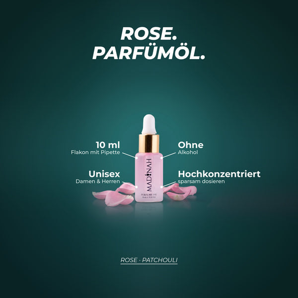 Rose Parfümöl: 10 ml im Flakon mit Pipette, ohne Alkohol, unisex, hochkonzentriert – Duftnoten: Rose · Patchouli