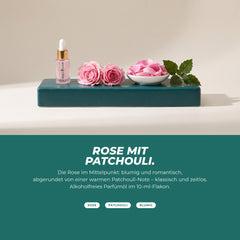 Die Duftnoten: Flakon mit Rosen, Rosenblättern und Patchouli-Blättern