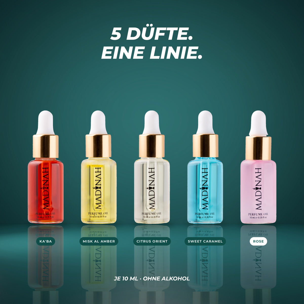 Alle fünf Parfümöle der Linie: Ka'ba, Misk Al Amber, Citrus Orient, Sweet Caramel und Rose – je 10 ml, ohne Alkohol
