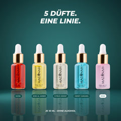 Alle fünf Parfümöle der Linie: Ka'ba, Misk Al Amber, Citrus Orient, Sweet Caramel und Rose – je 10 ml, ohne Alkohol