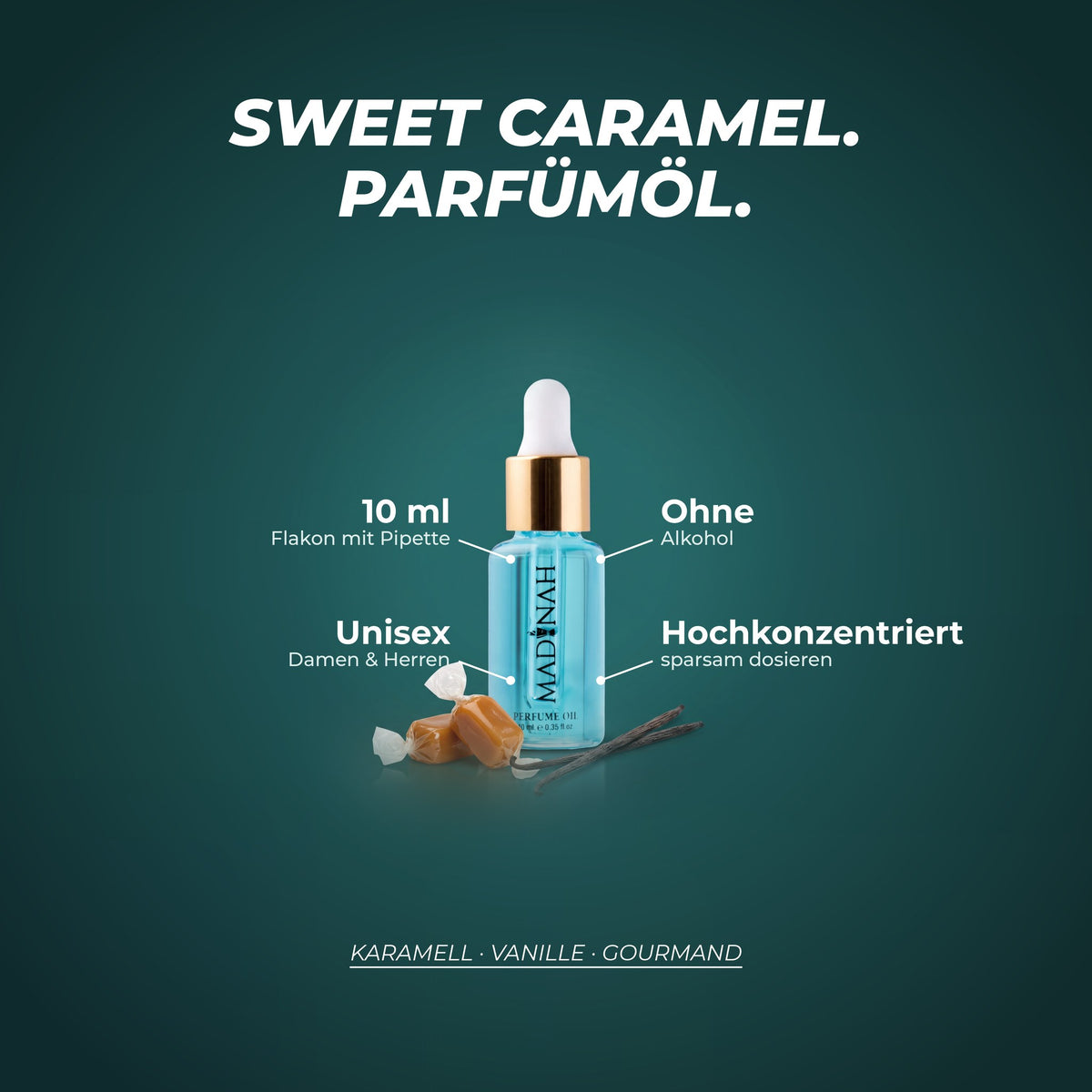 Sweet Caramel Parfümöl: 10 ml im Flakon mit Pipette, ohne Alkohol, unisex, hochkonzentriert – Duftnoten: Karamell · Vanille · Gourmand