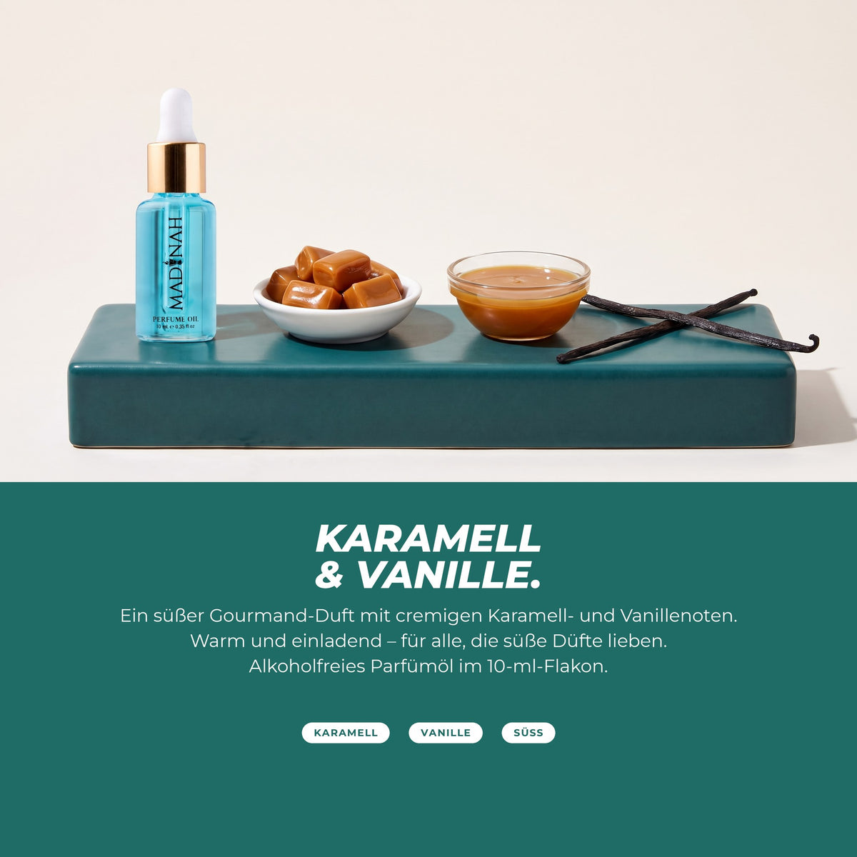 Die Duftnoten: Flakon mit Karamellbonbons, Karamellsauce und Vanilleschoten