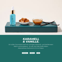 Die Duftnoten: Flakon mit Karamellbonbons, Karamellsauce und Vanilleschoten
