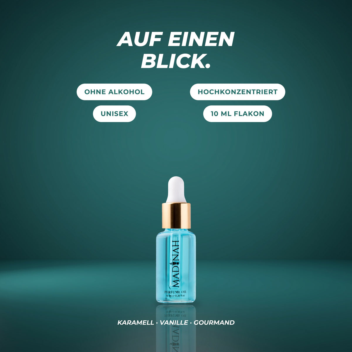 Auf einen Blick: ohne Alkohol, hochkonzentriert, unisex, 10-ml-Flakon – Karamell · Vanille · Gourmand