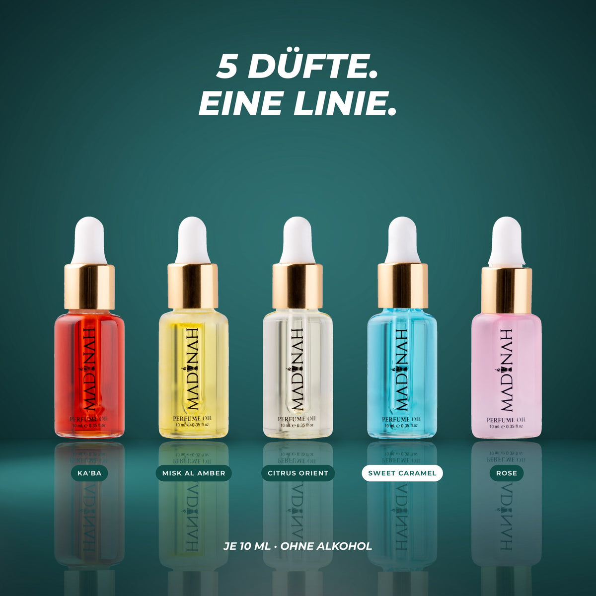 Alle fünf Parfümöle der Linie: Ka'ba, Misk Al Amber, Citrus Orient, Sweet Caramel und Rose – je 10 ml, ohne Alkohol