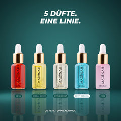 Alle fünf Parfümöle der Linie: Ka'ba, Misk Al Amber, Citrus Orient, Sweet Caramel und Rose – je 10 ml, ohne Alkohol