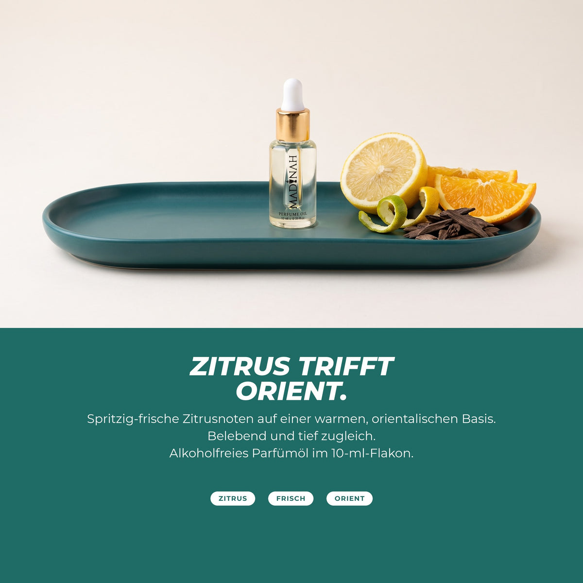 Die Duftnoten: Flakon mit Zitrone, Orange, Bergamotte und Oud-Holz