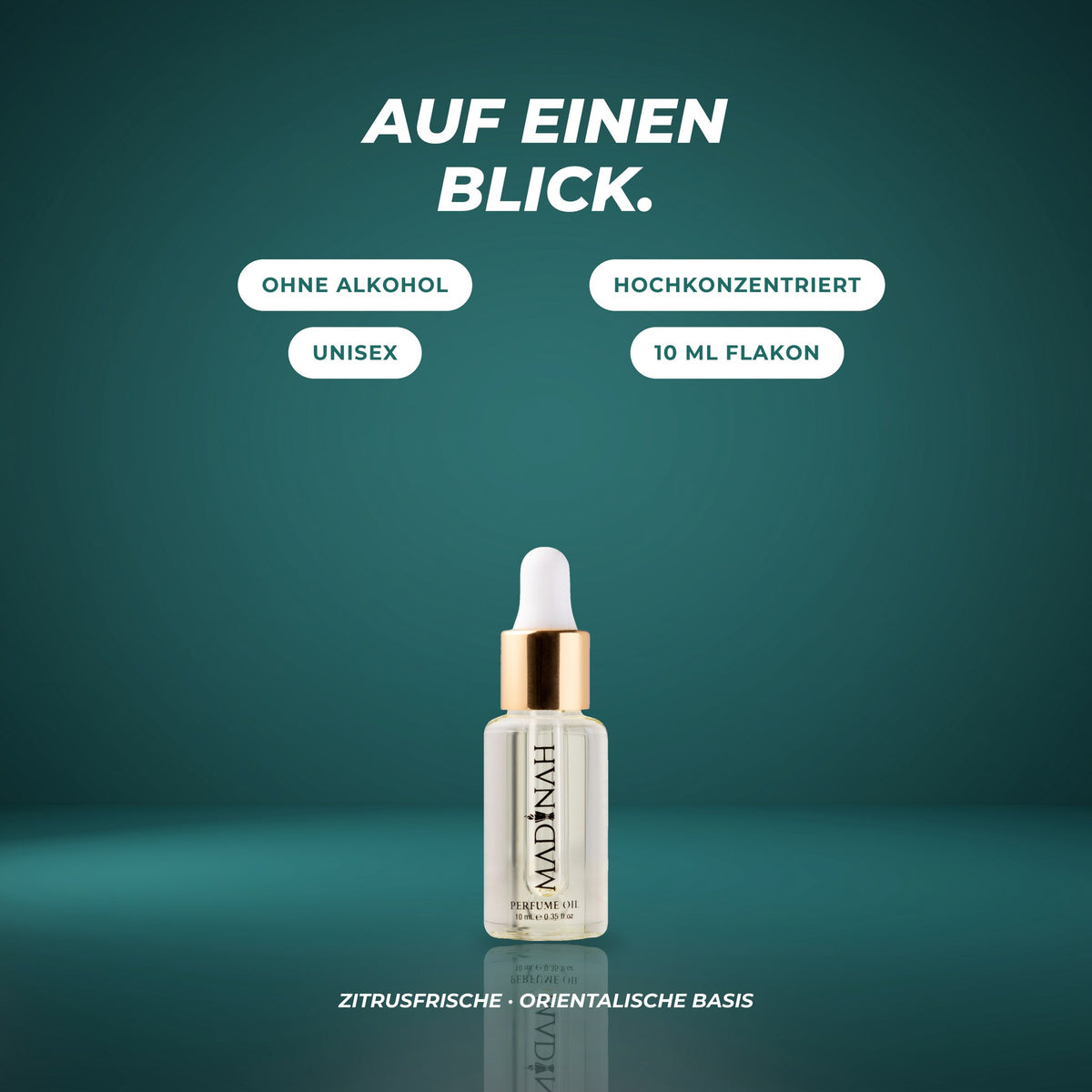 Auf einen Blick: ohne Alkohol, hochkonzentriert, unisex, 10-ml-Flakon – Zitrusfrische · Orientalische Basis