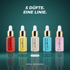 Alle fünf Parfümöle der Linie: Ka'ba, Misk Al Amber, Citrus Orient, Sweet Caramel und Rose – je 10 ml, ohne Alkohol