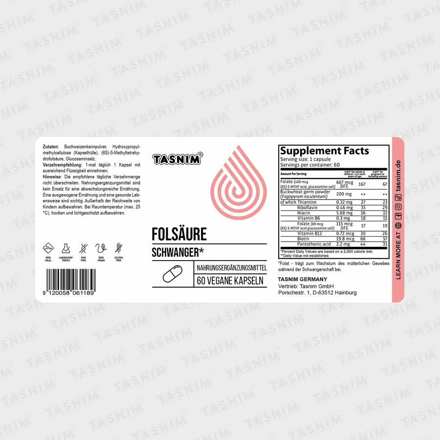 Folsäure Schwanger – 400 µg Methylfolat 60 vegane Kapseln
