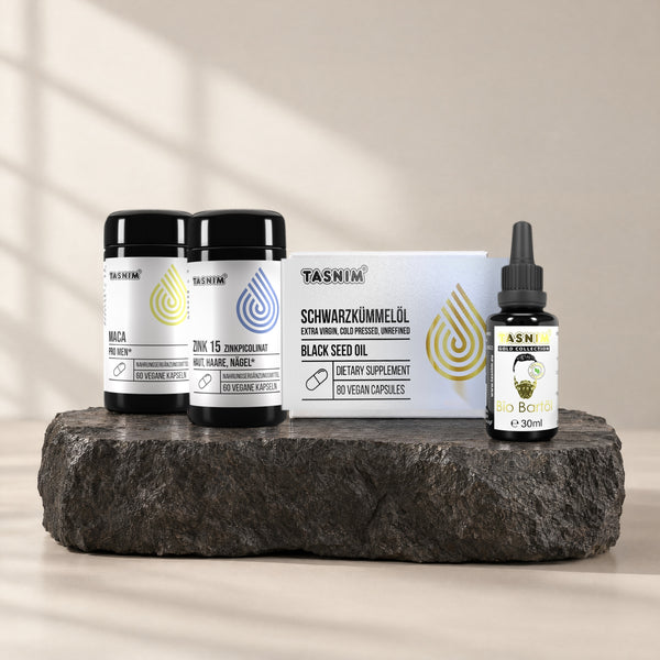 Men's Daily Set: Maca, Zink 15, Schwarzkümmelöl-Kapseln und Bio-Bartöl auf Basaltstein