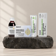 Schwarzkümmel Daily Set: äthiopisches Schwarzkümmelöl 120 ml, Schwarzkümmelöl-Kapseln und Bio-Zahnpasta 75 ml auf Basaltstein