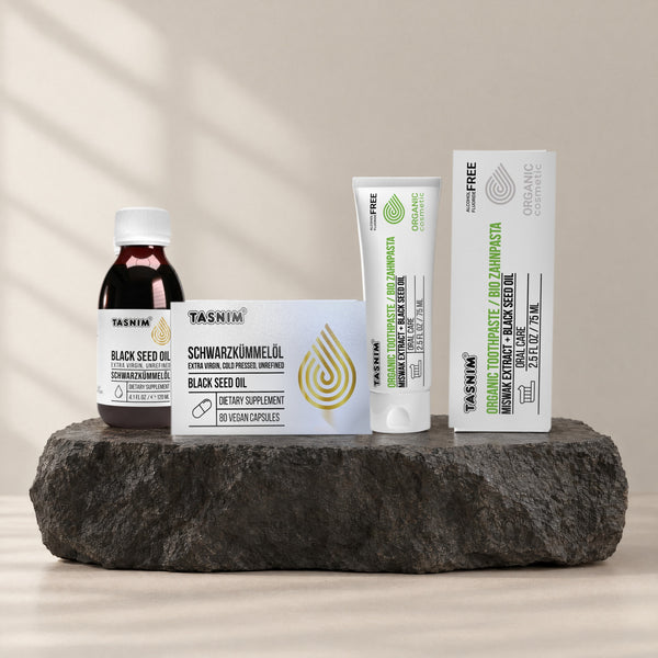 Schwarzkümmel Daily Set: äthiopisches Schwarzkümmelöl 120 ml, Schwarzkümmelöl-Kapseln und Bio-Zahnpasta 75 ml auf Basaltstein